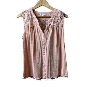 DR2 Womens Peach Sleeveless Eyelet Embroidered V-Neck Blouse Top Large